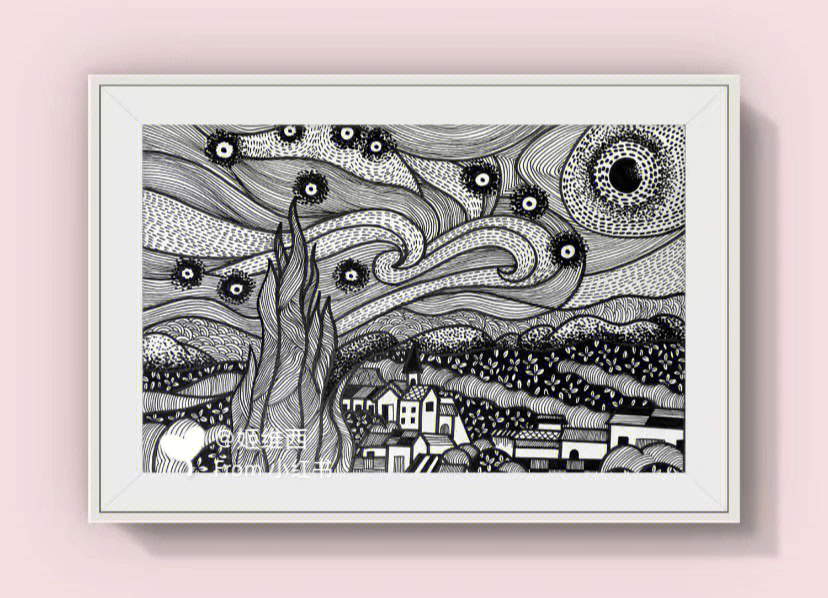 梵高星空黑白线描画法图片