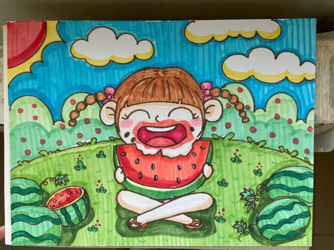 吃西瓜的小女孩马克笔儿童画