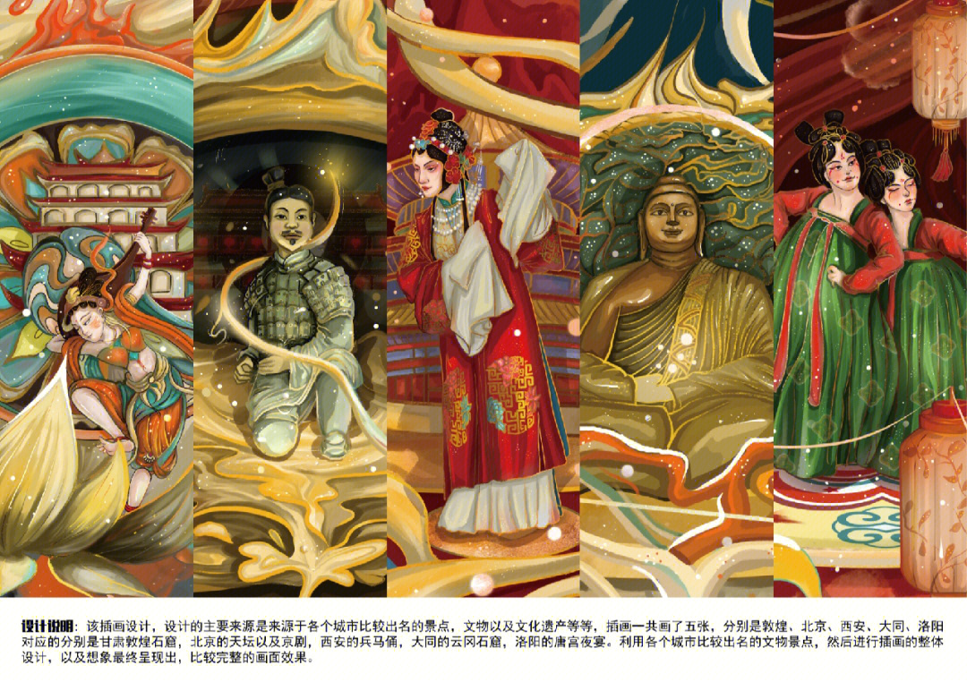 文物以及文化遗产等等,插画一共画了五张,分别是敦煌,北京,西安,大同