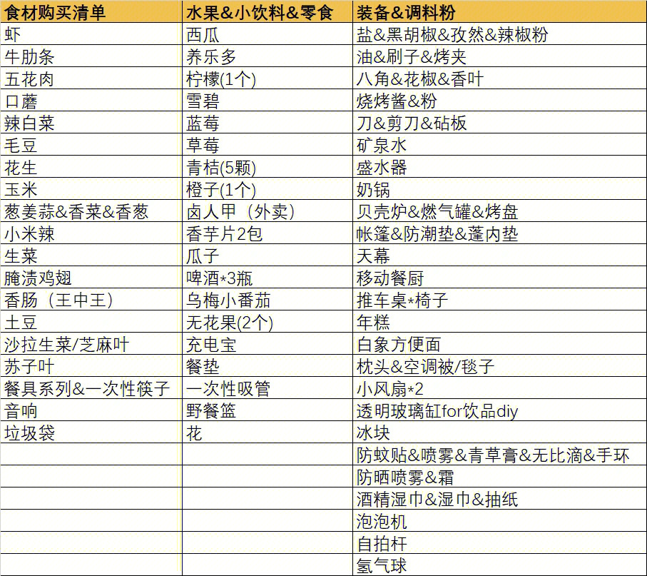 公园野餐必备物品清单图片