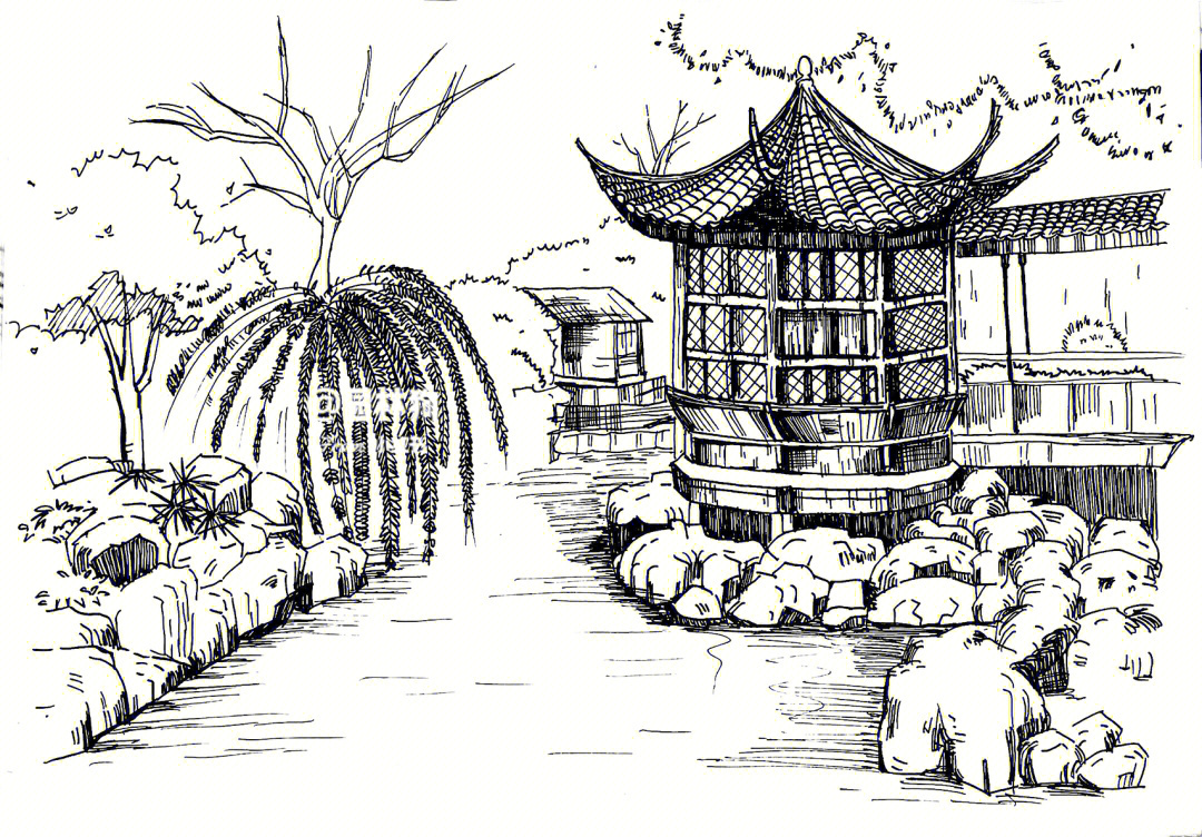 速写中国古代园林攒尖顶临摹