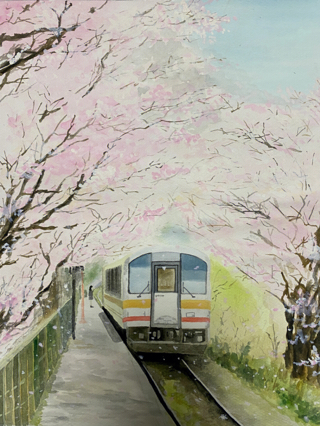 水彩画开往春天的列车