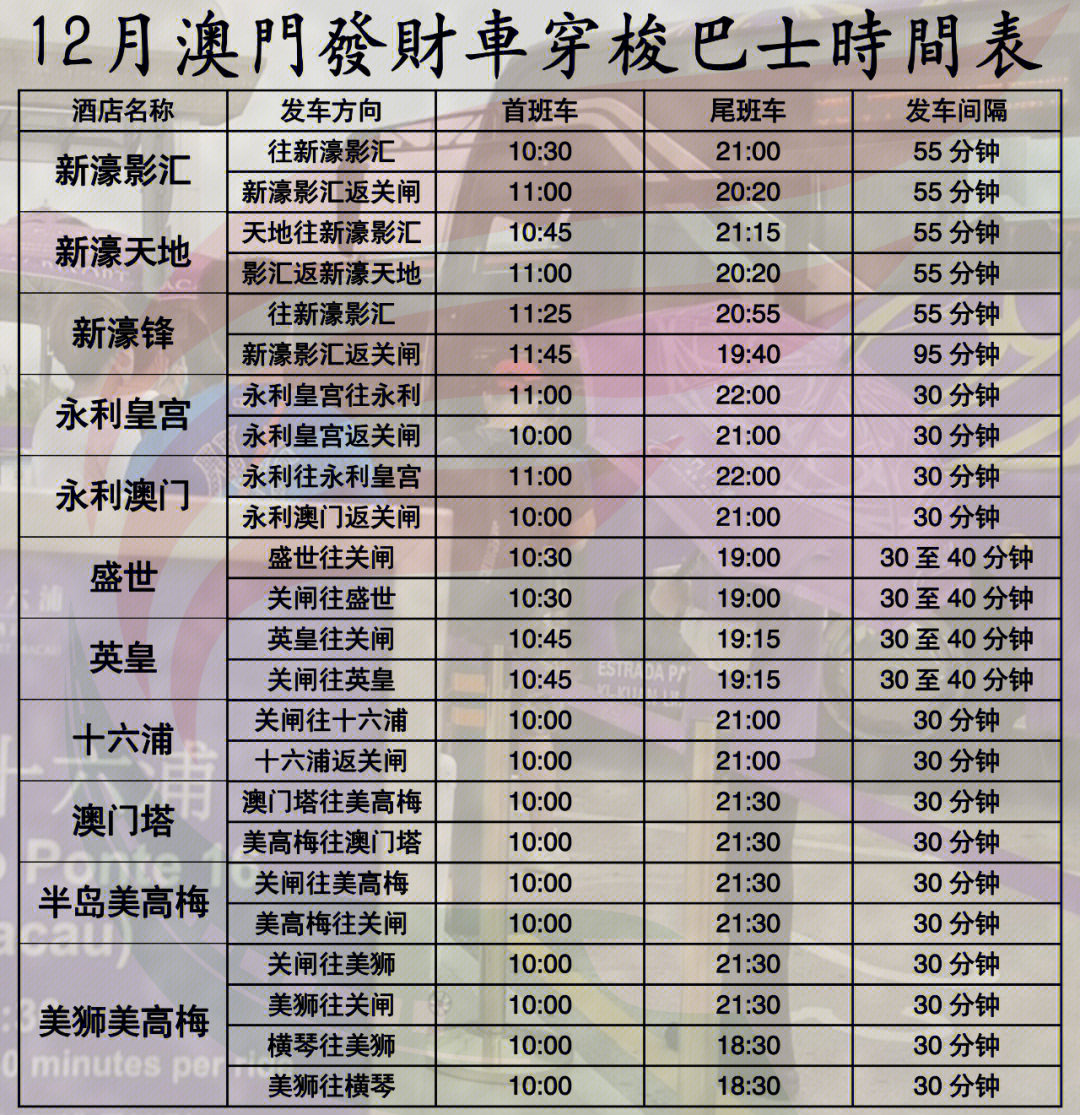 12月1日澳门发财车穿梭巴士时间表