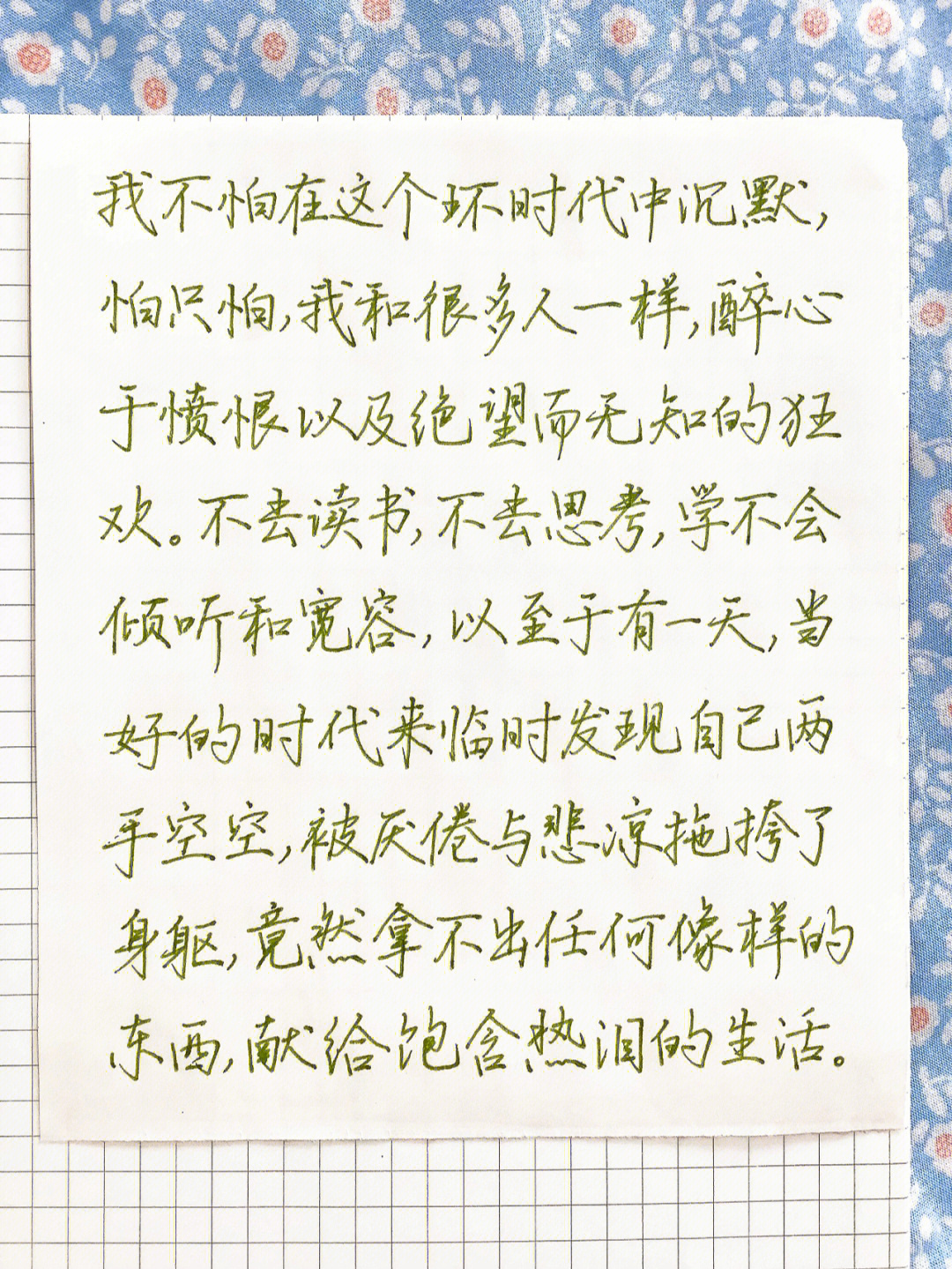 "我不怕在这个坏时代中沉默,怕只怕,我和很多人一样,醉心于愤恨以及