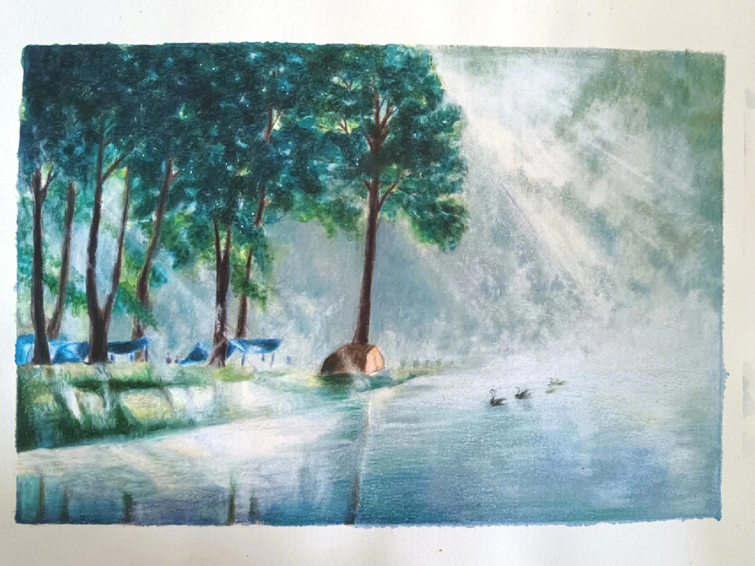 彩铅画湖水图片