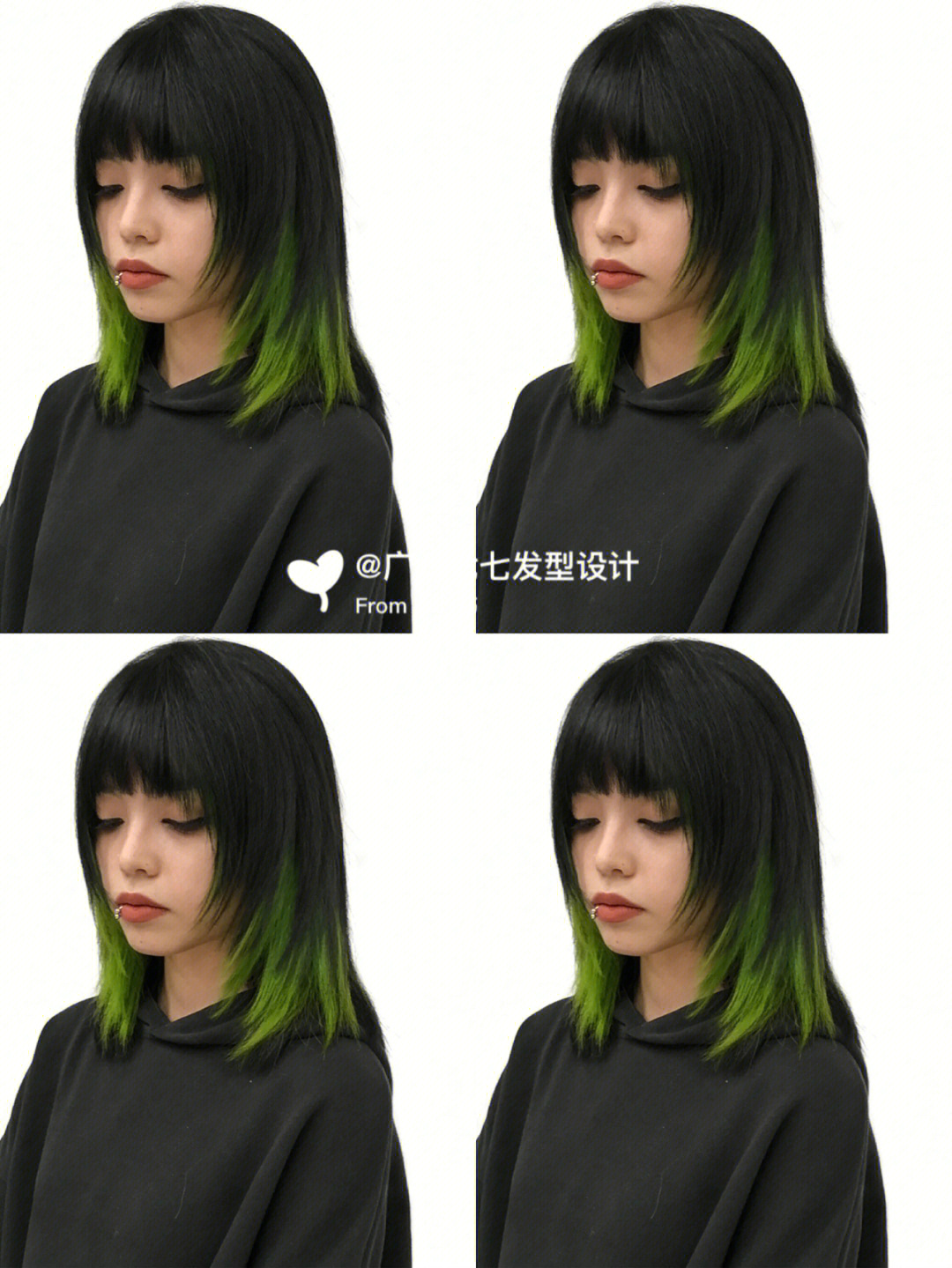 底色选择黑发,挑染的绿灰色这个挑染即低调又不张扬外部是由黑发
