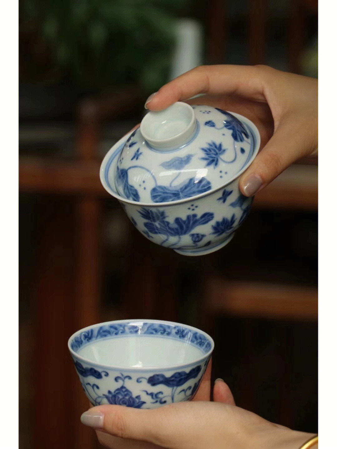 明韵青花手作宝相缠枝荷花莲池盖碗泡茶品杯