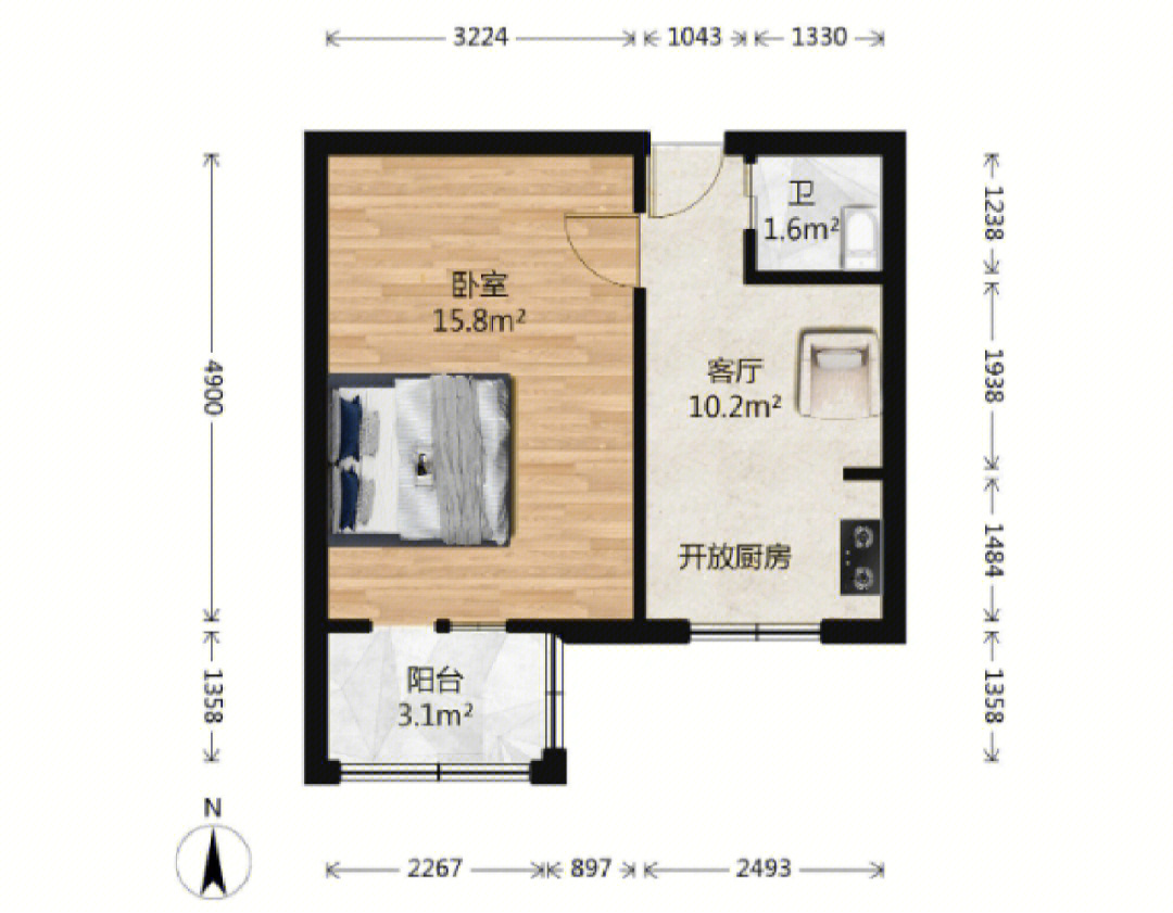 户型方正全南朝向一居室