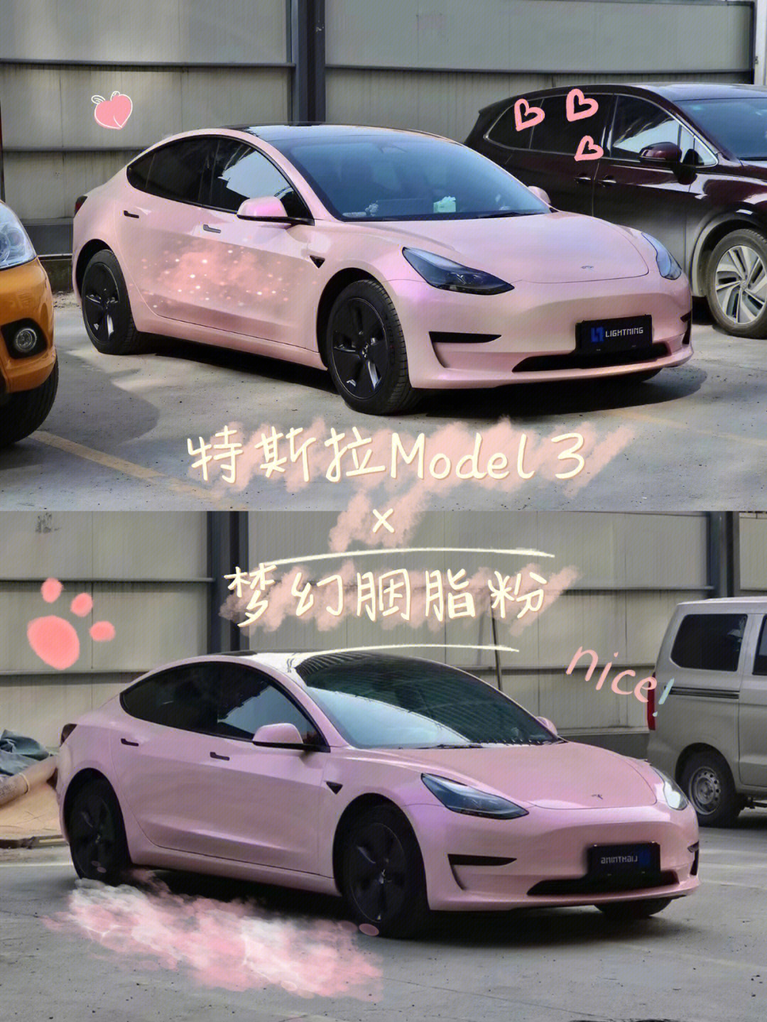 车改特斯拉model3梦幻胭脂粉