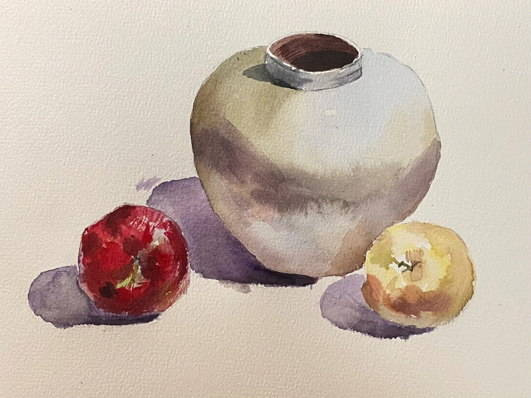 水粉画罐子和水果简单图片