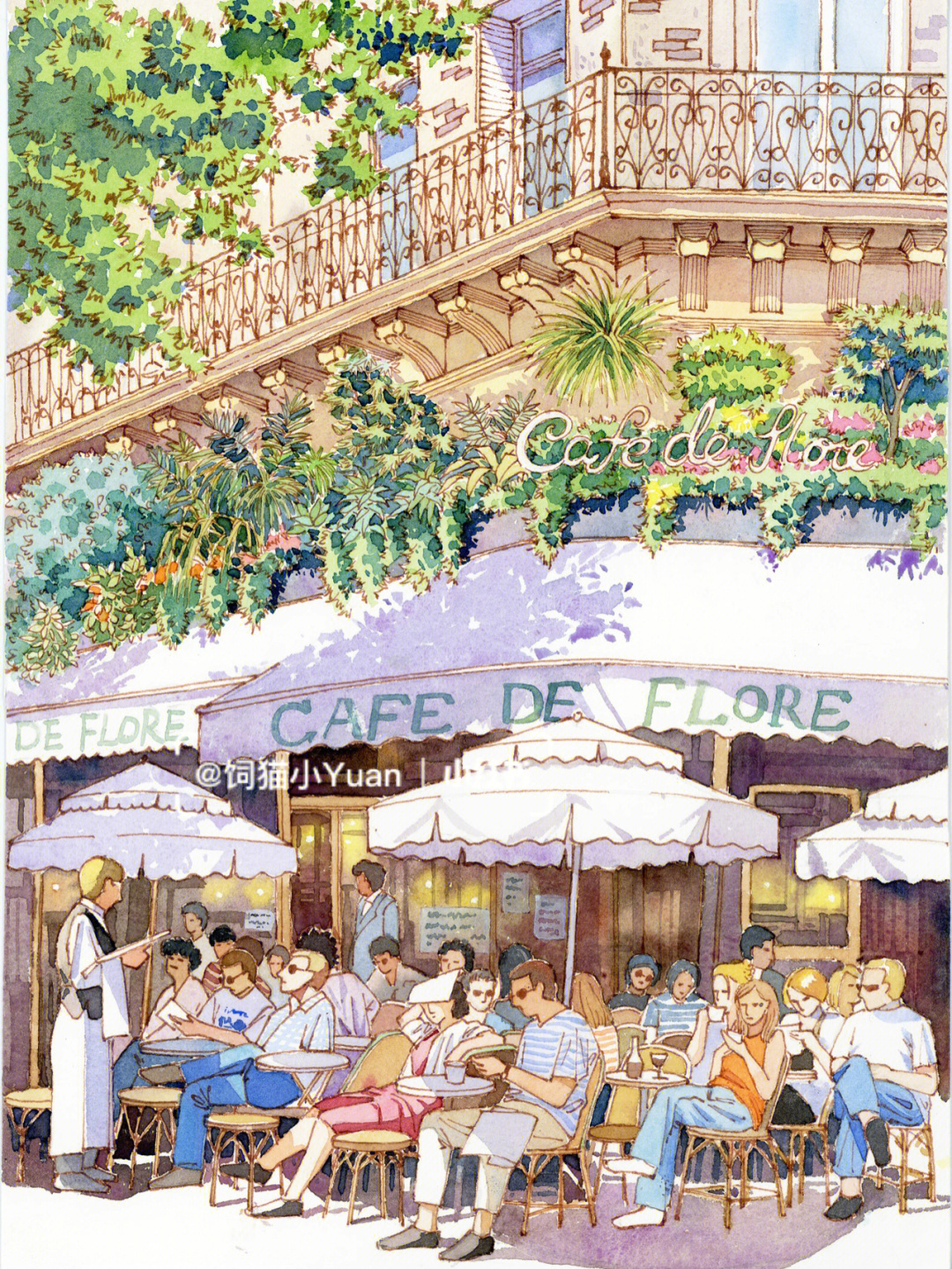 钢笔淡彩午后巴黎的花神咖啡馆组图