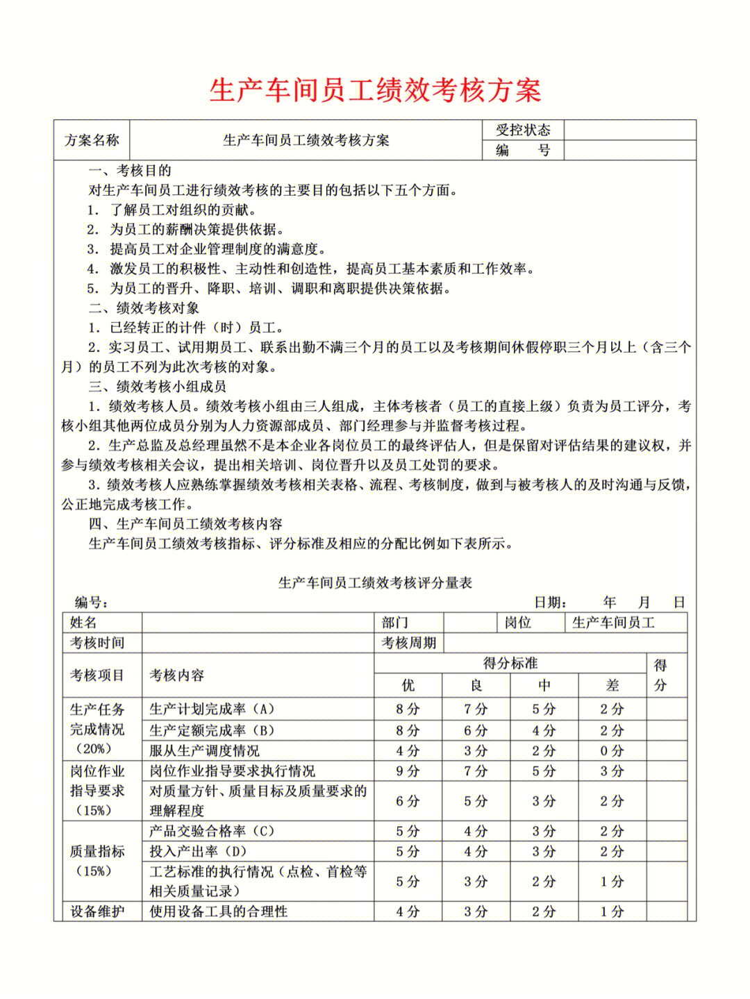 生产车间工人绩效考核表