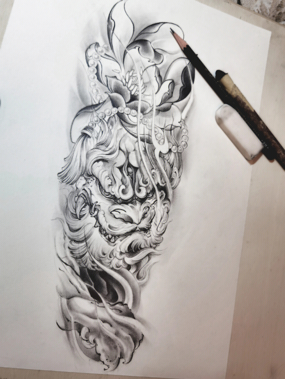 唐狮新传统纹身手稿手绘过程