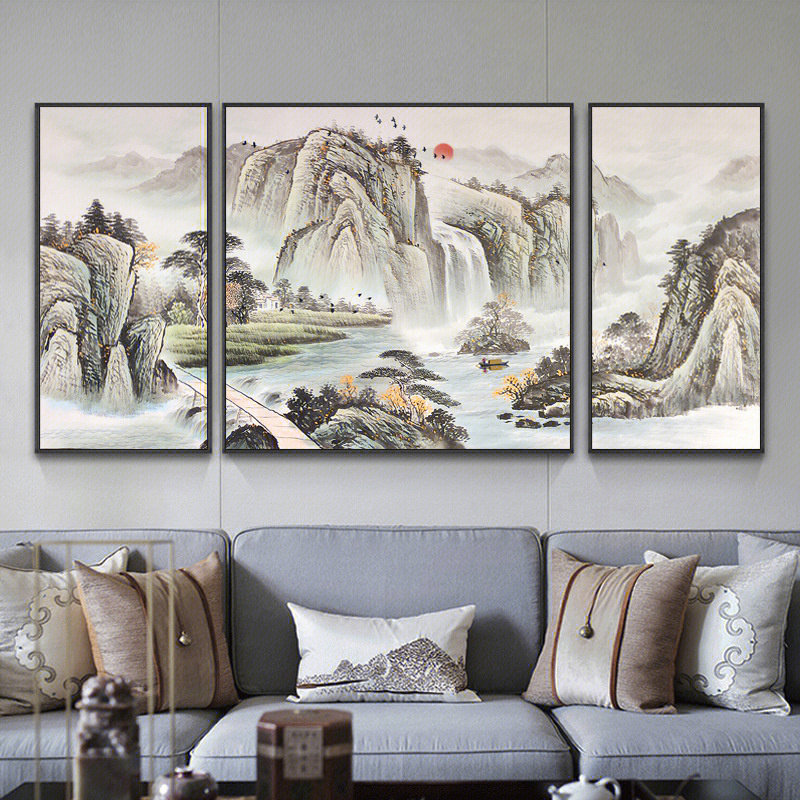 客厅装饰画水墨禅意山水画新中式沙发背景墙