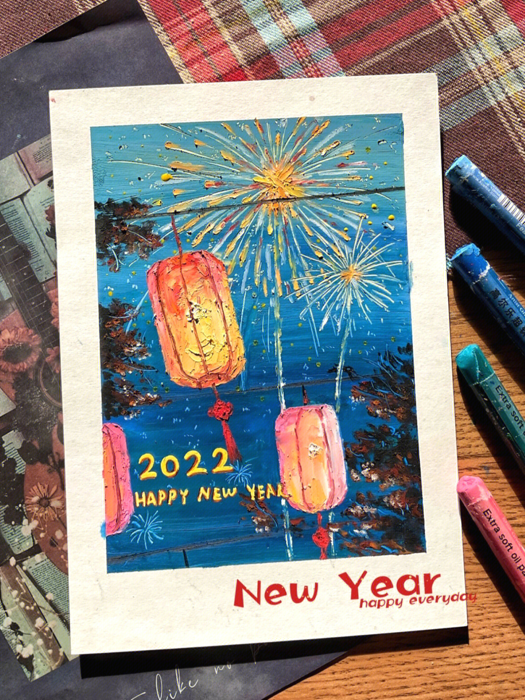 油画棒新年主题新年灯笼烟花附教程