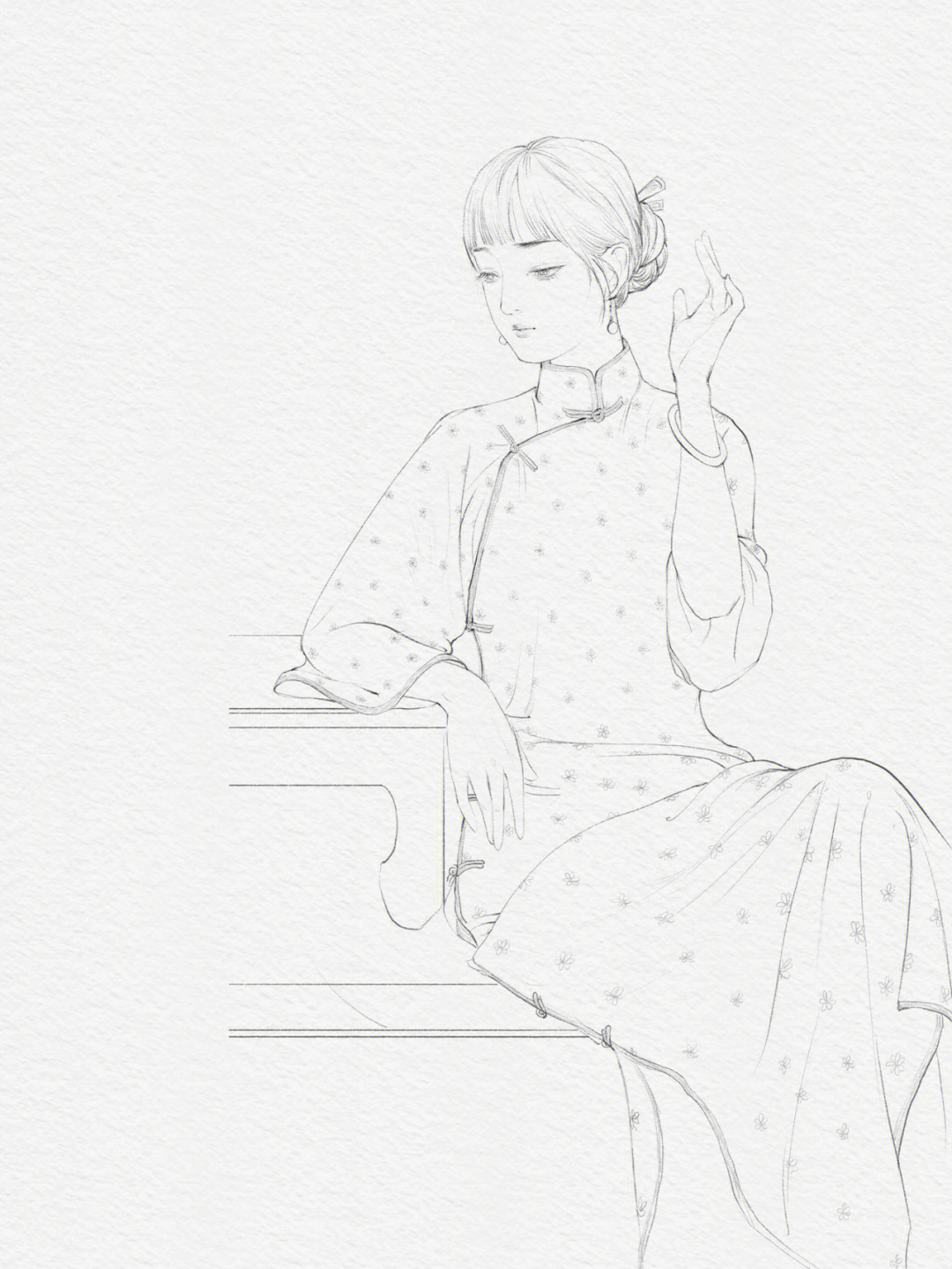 旗袍美女手绘 线稿图片