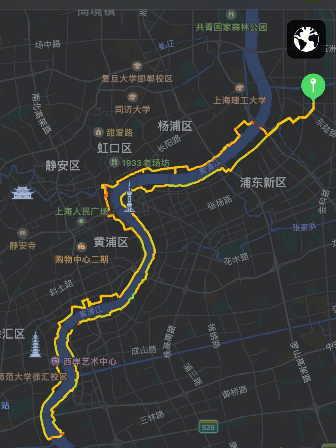 99路线:从浦东杨浦大桥进入滨江,沿滨江道一直骑到徐浦大桥附近,从