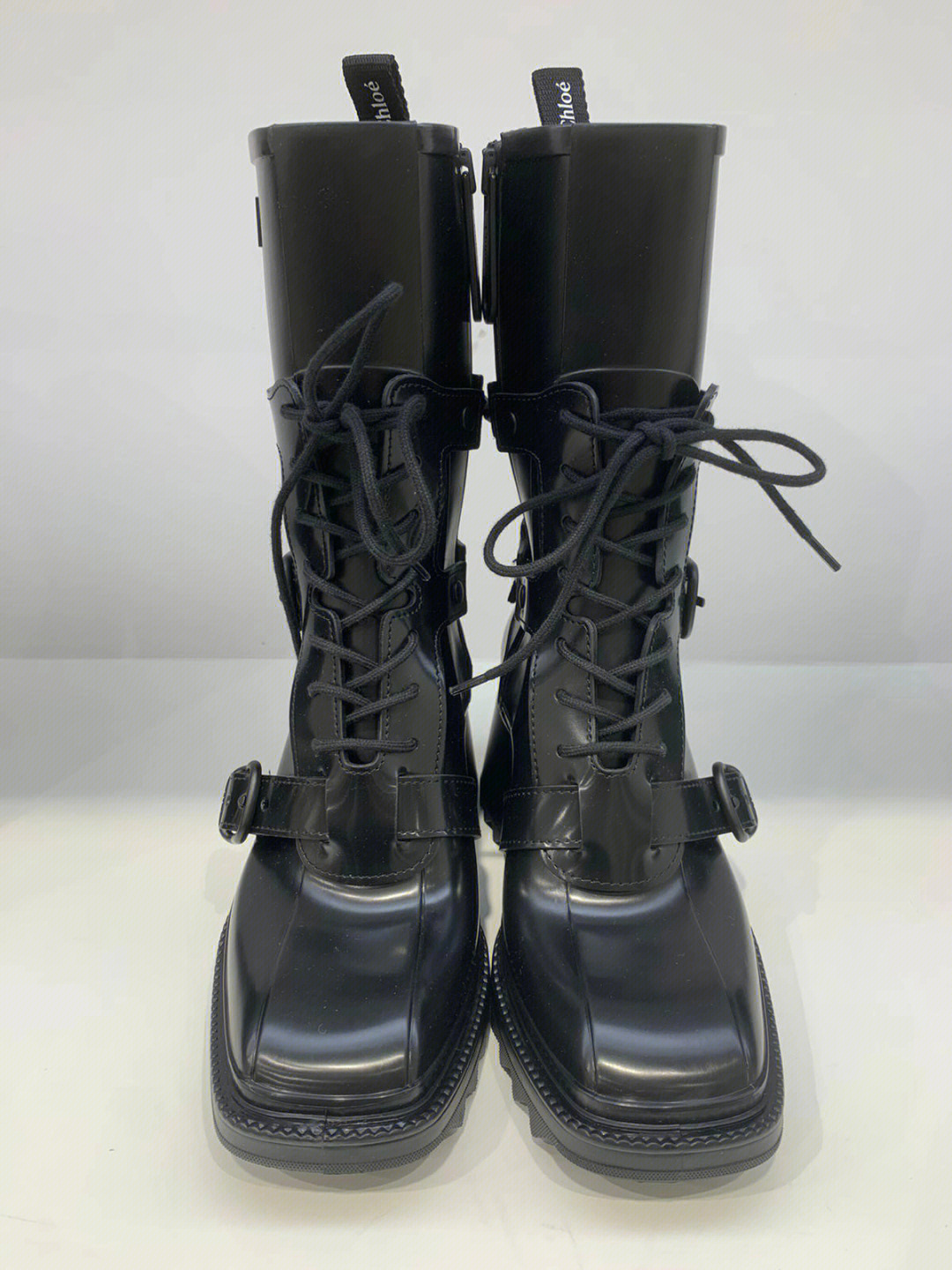 chloe香港专柜45折黑色女式系带雨靴