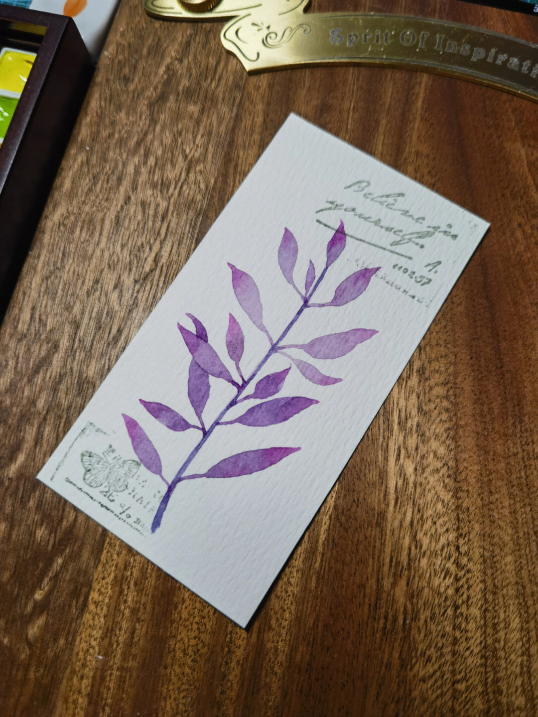 手绘水彩小书签紫色小树叶