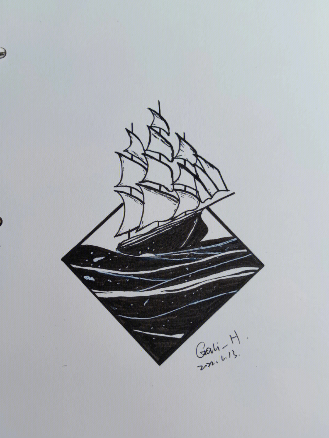 帆船航海黑白线描画插画针管笔手绘临摹
