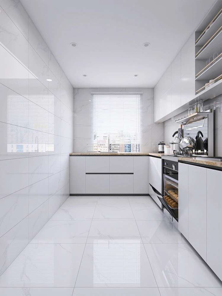 现代极简风格的厨房设计,简洁清爽的爵士白大理石瓷砖与黑白色系橱柜