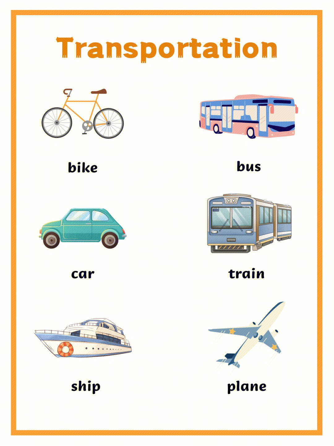 英语启蒙必备常用交通工具单词卡