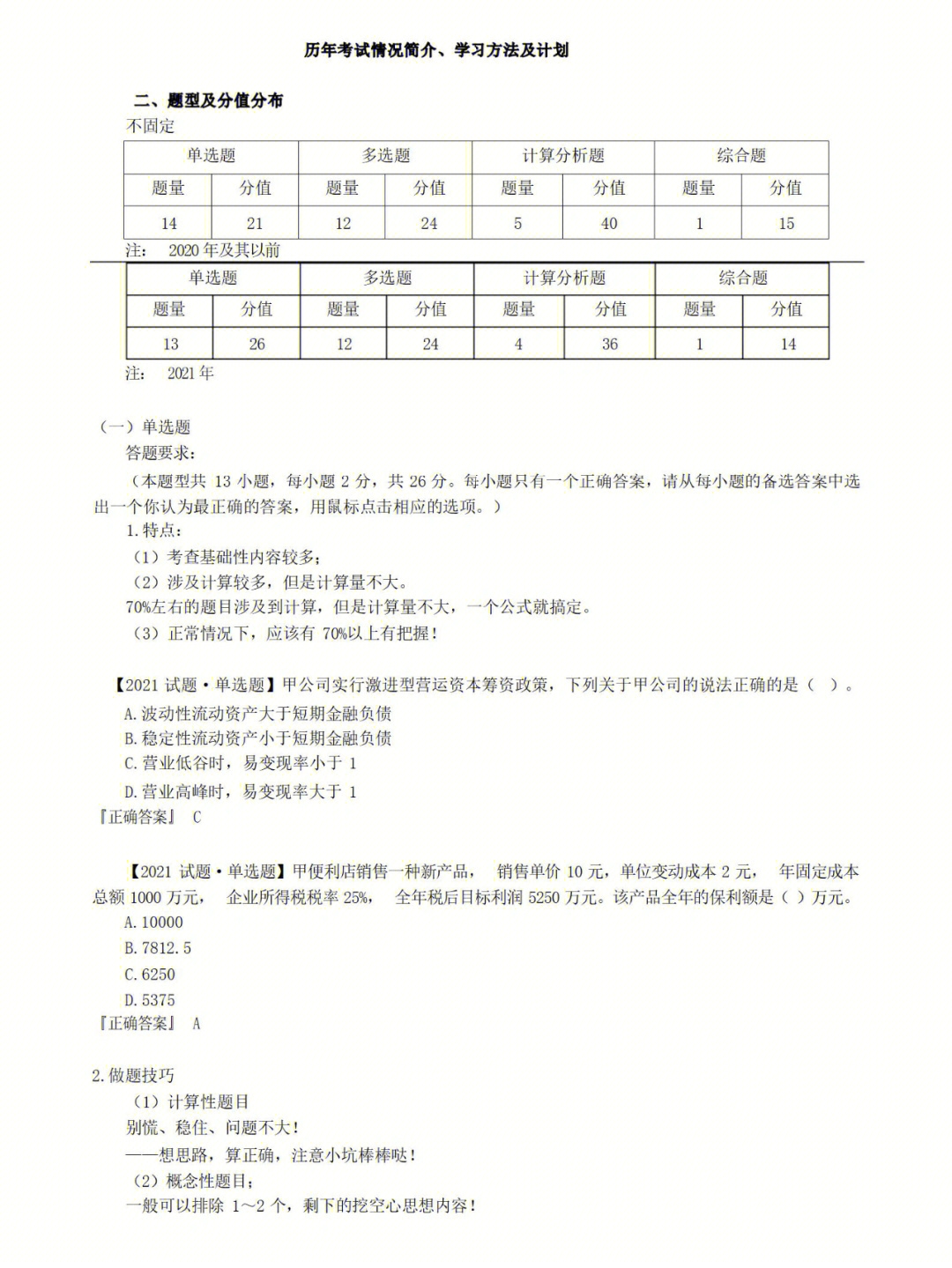 注会cpa财管历年考试情况学习方法及计划