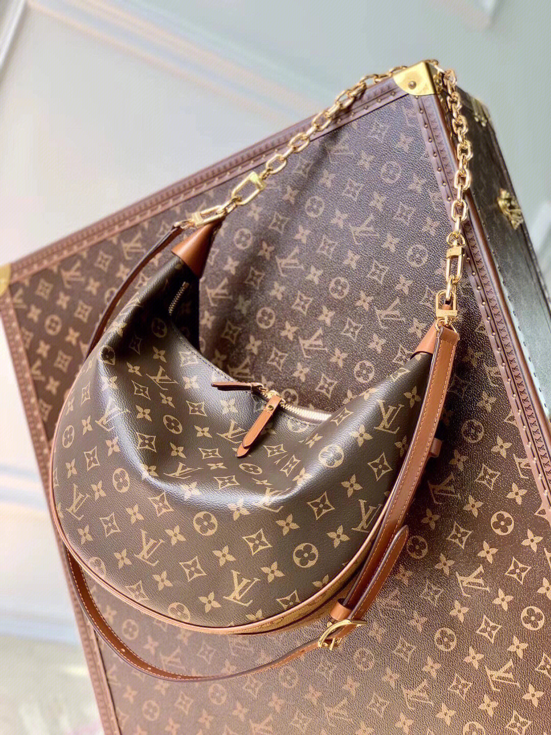 帆布和 monogram reverse 涂层帆布,以皮革包角定格潮流半月形轮廓