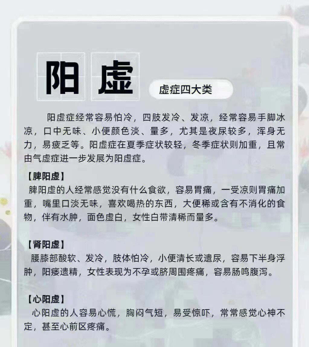 气虚,血虚,阴虚,阳虚阴虚内热 阳虚怕冷血虚发燥 气虚无力出现以上