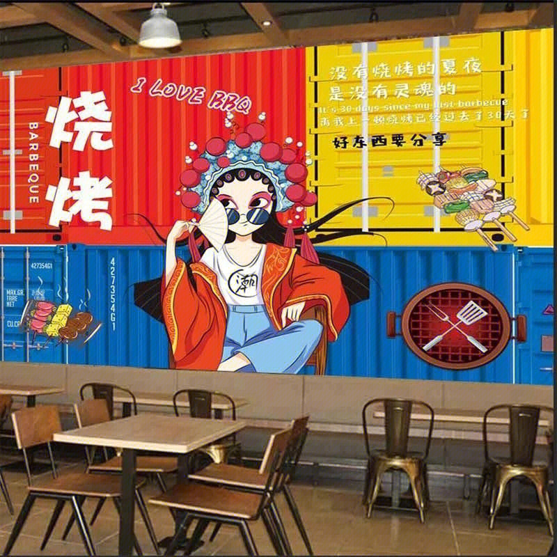 国潮烧烤店串串饭店背景墙纸壁画火锅店创意