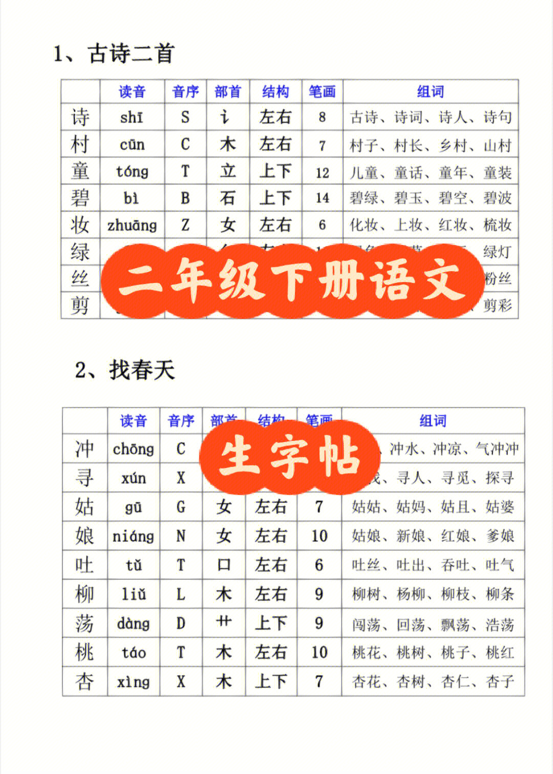 二年级下册语文生字帖