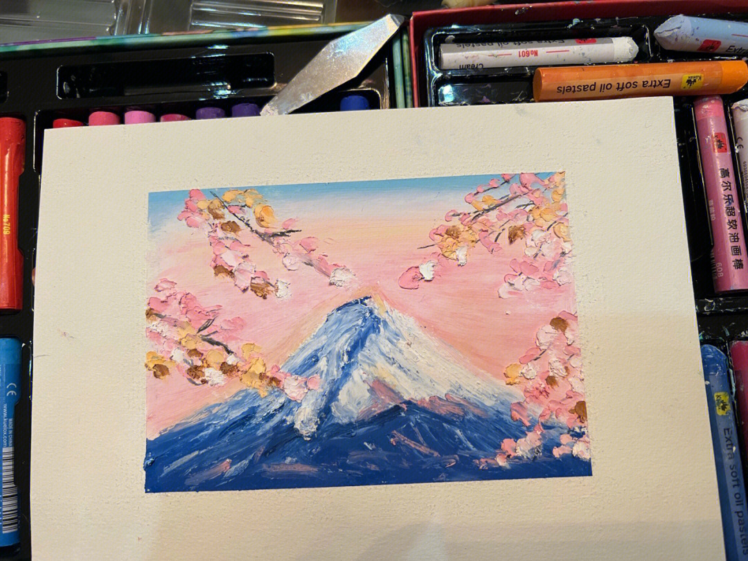 富士山的樱花油画棒临摹