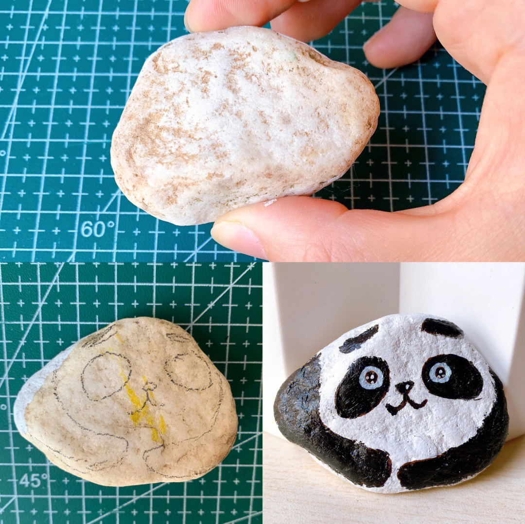 丙烯石头画2分钟丙烯手绘大熊猫石头画
