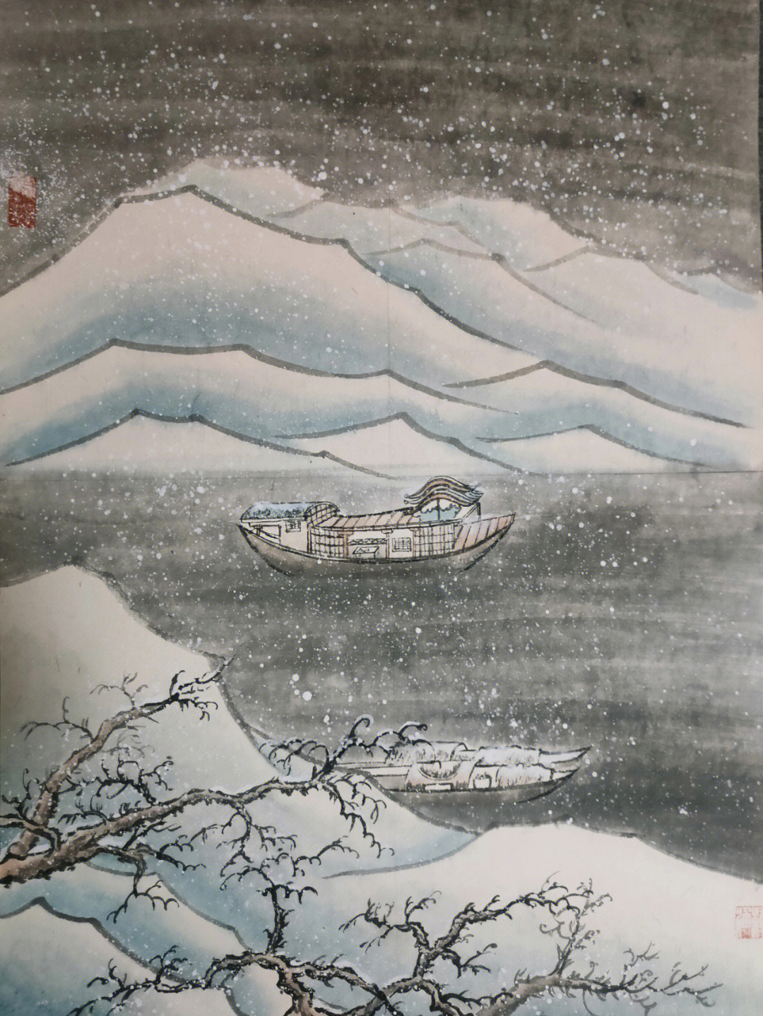 小学生雪景画山水图片
