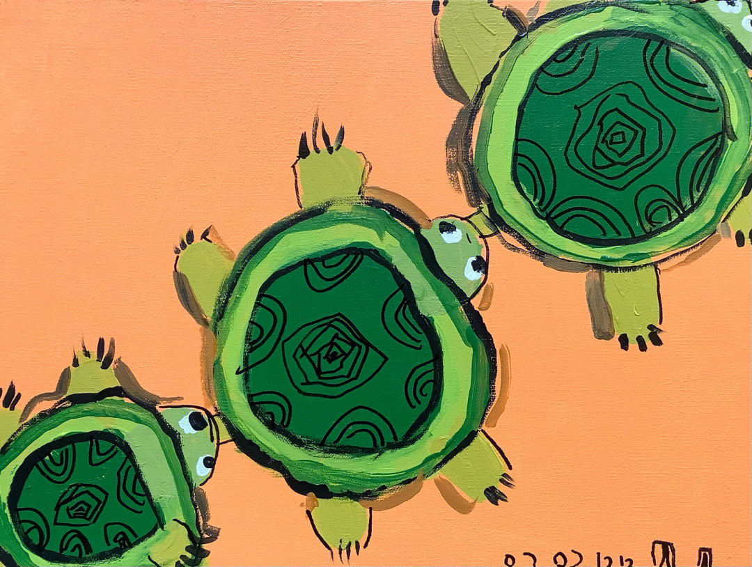 可爱的乌龟圆形和线条的组合绿色同类色的调配构图设计