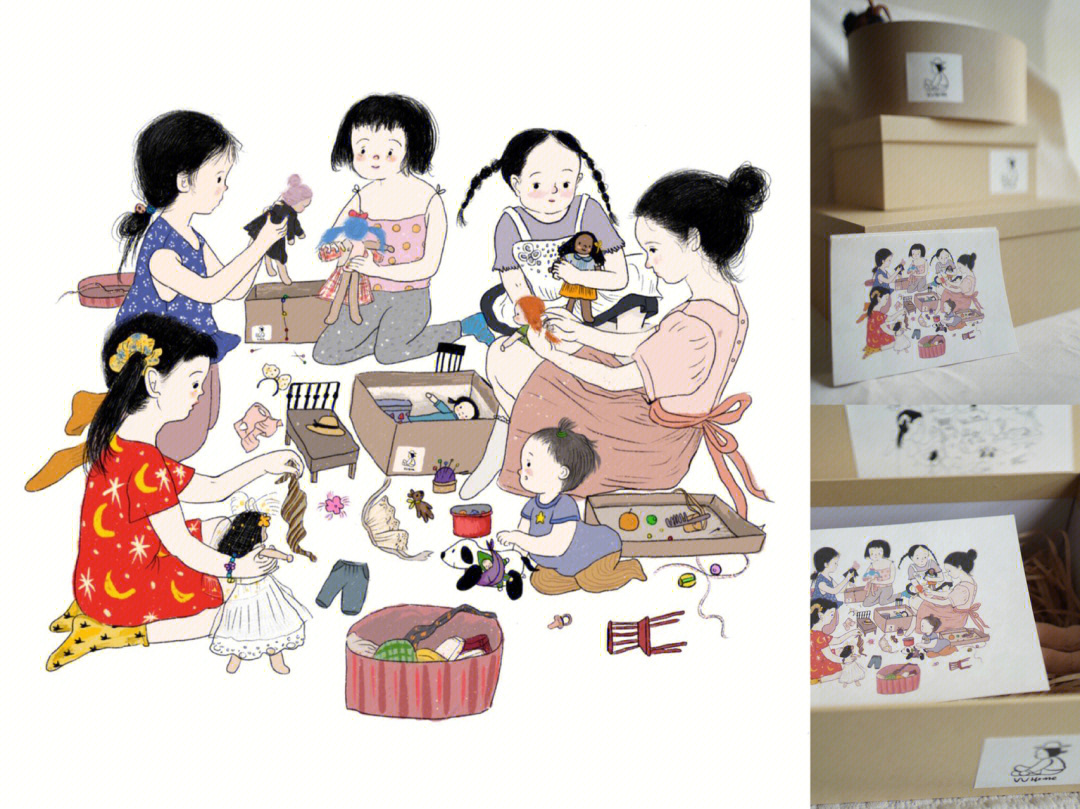 8090女孩们的童年回忆原创过家家插画