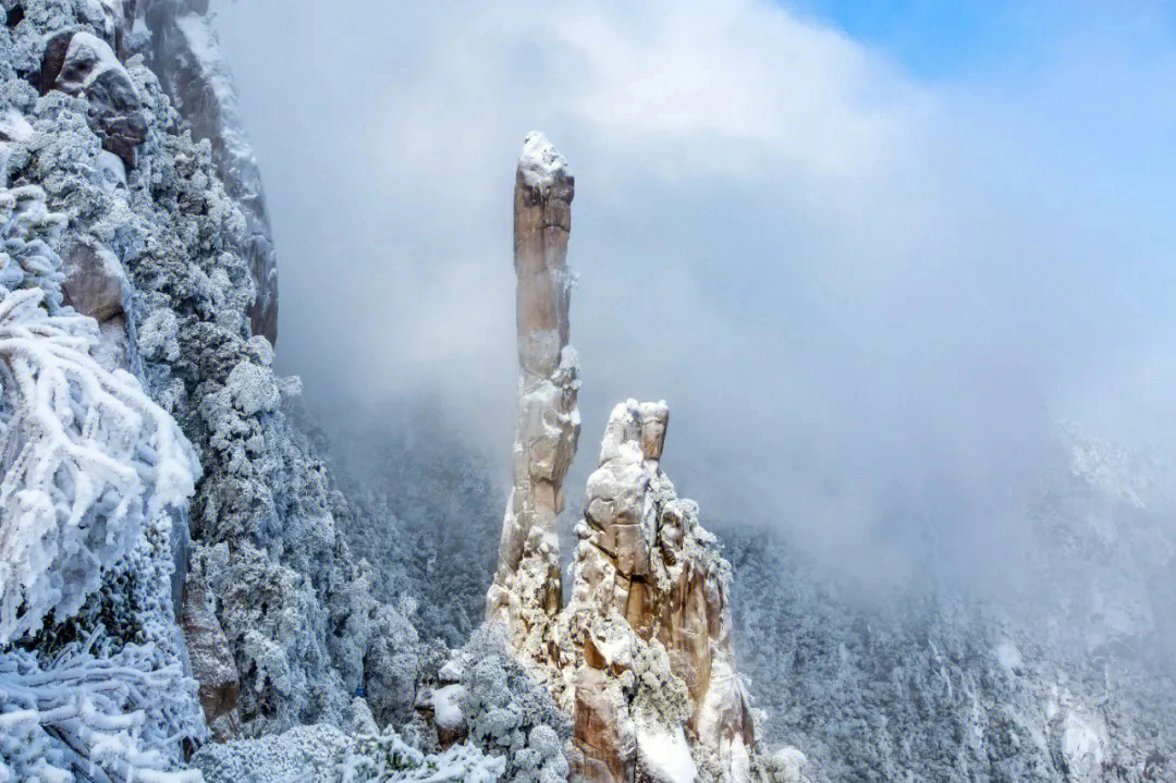 阳光下,白雪皑皑,三清山正接受着冰雪的洗礼,漫山遍野的雾凇,雪淞