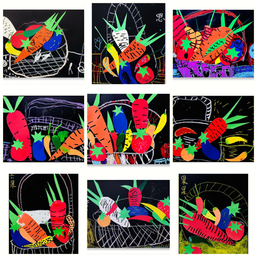 《蔬菜篮子》主要绘画形式:撕贴,油画棒主要学习内容:1,观察蔬果,观察
