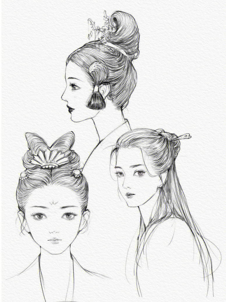 古风女子发型小合集古风线稿手绘插画