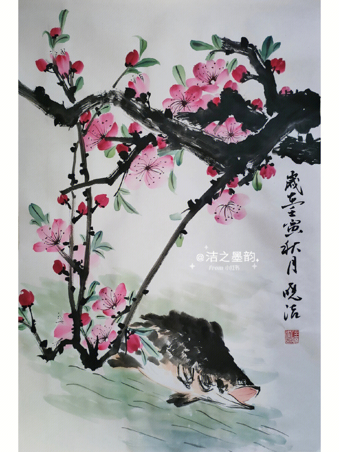 写意国画桃花流水鳜鱼肥