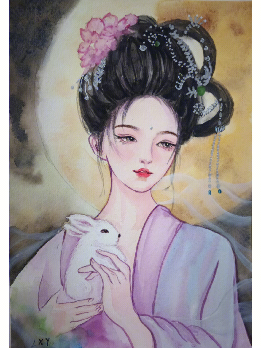 中秋节嫦娥奔月水彩画