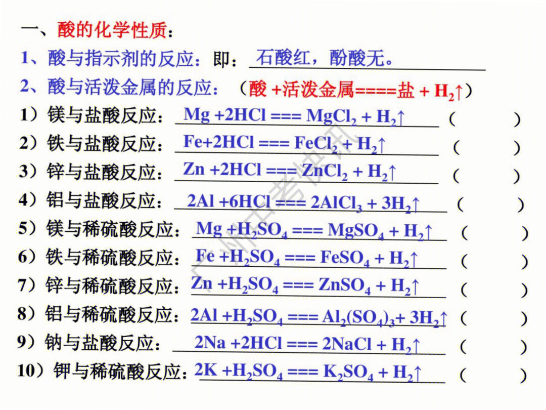 初中化学酸碱盐的化学方程式汇总