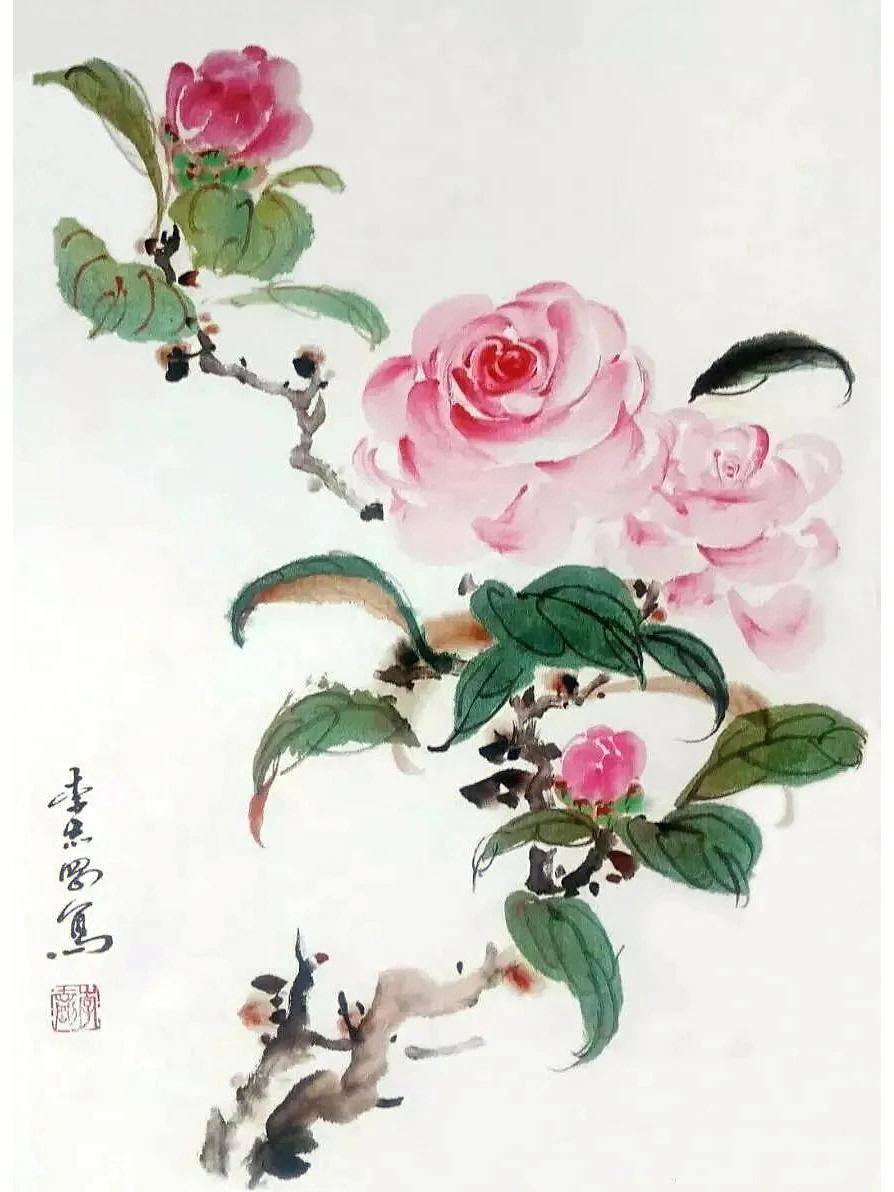 国画写意茶花作品题字图片