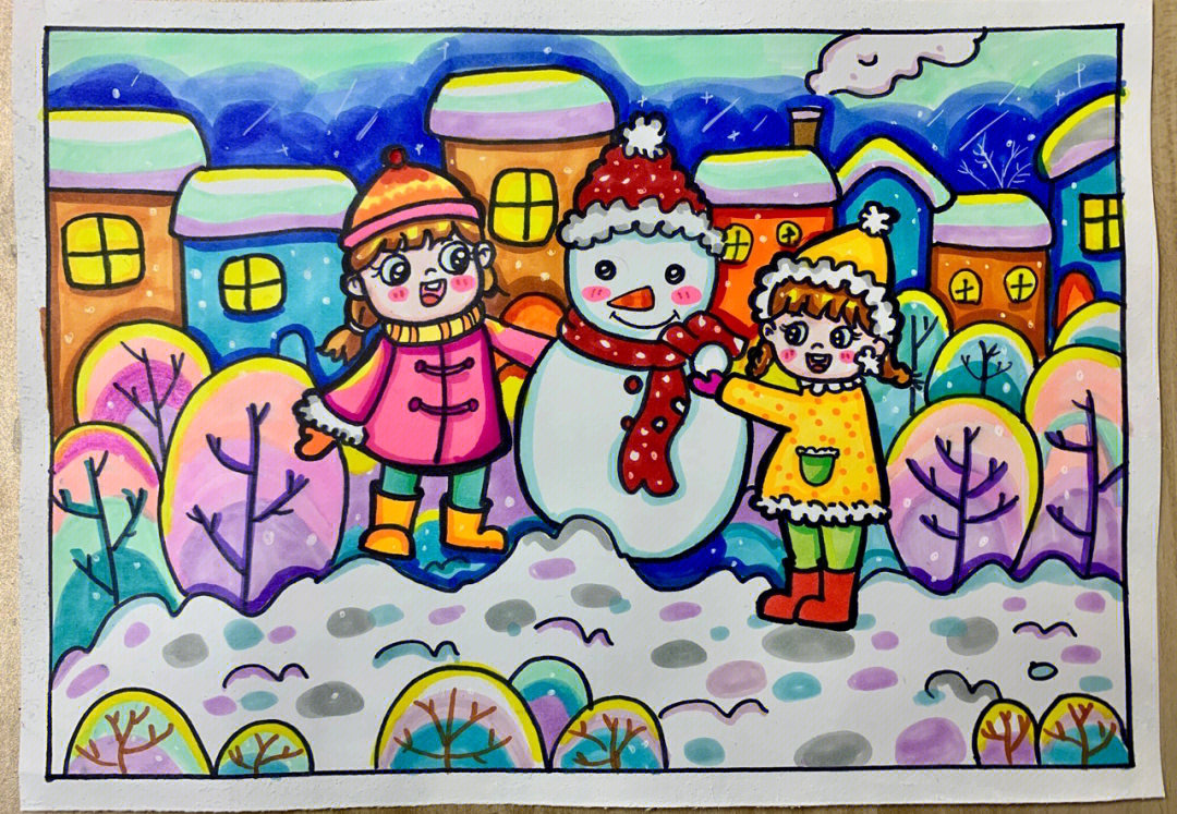 堆雪人简笔画彩色图片