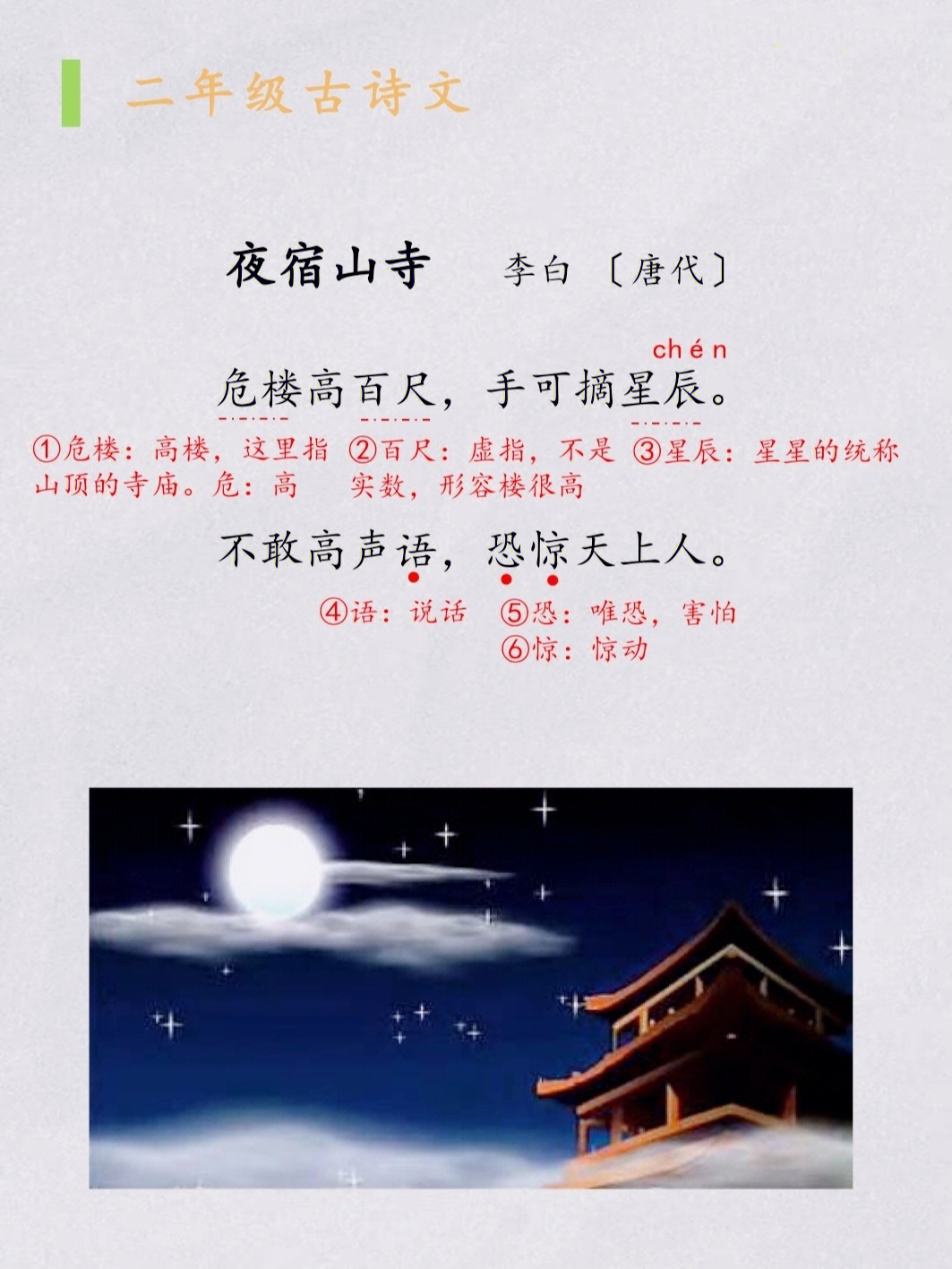 《夜宿山寺》       李白 〔唐代〕危楼高百尺,手可摘星辰