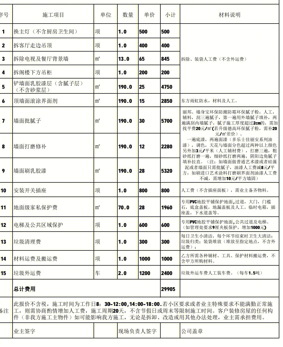 内墙刮大白报价单图片