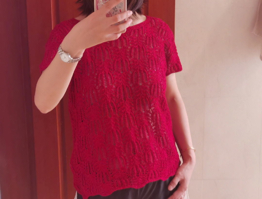 手工编织毛衣棕榈花短袖,线用的扁带棉,适合春夏穿,红色张扬又大气