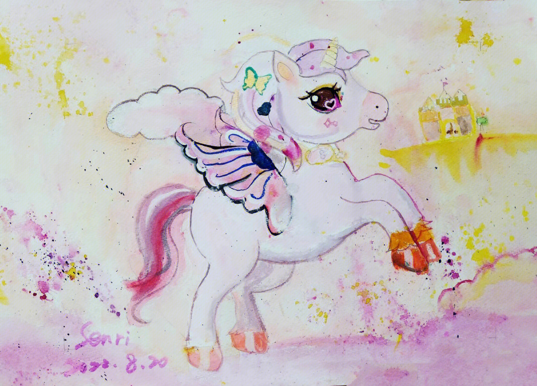 儿童创意水彩画《可爱的大熊猫》,《独角兽和彩虹城堡》