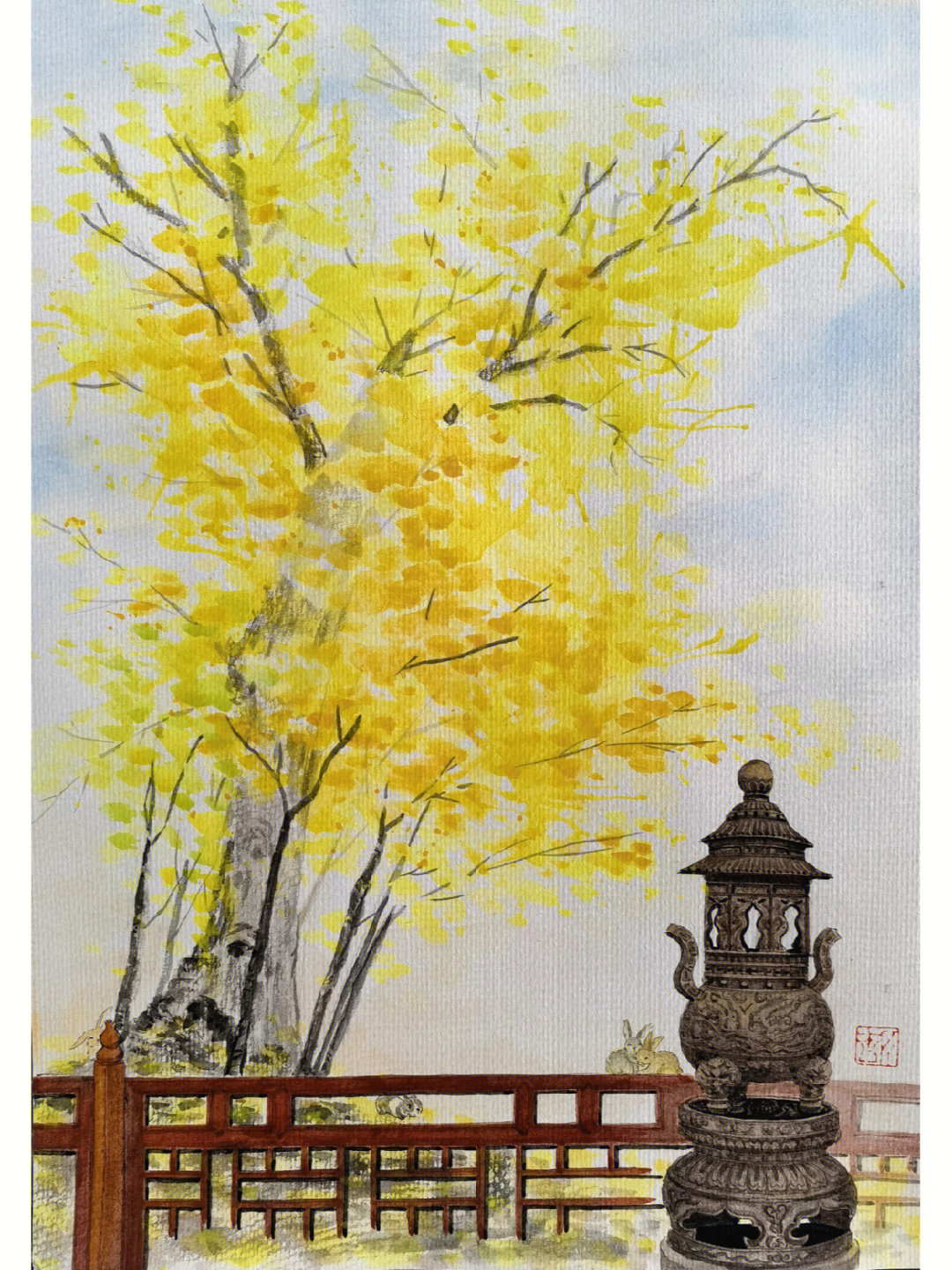 川沙城隍庙古银杏树水彩画