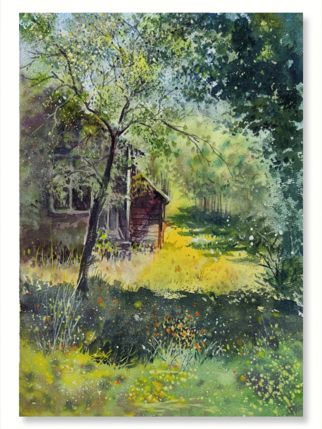 林中小屋水彩画图片